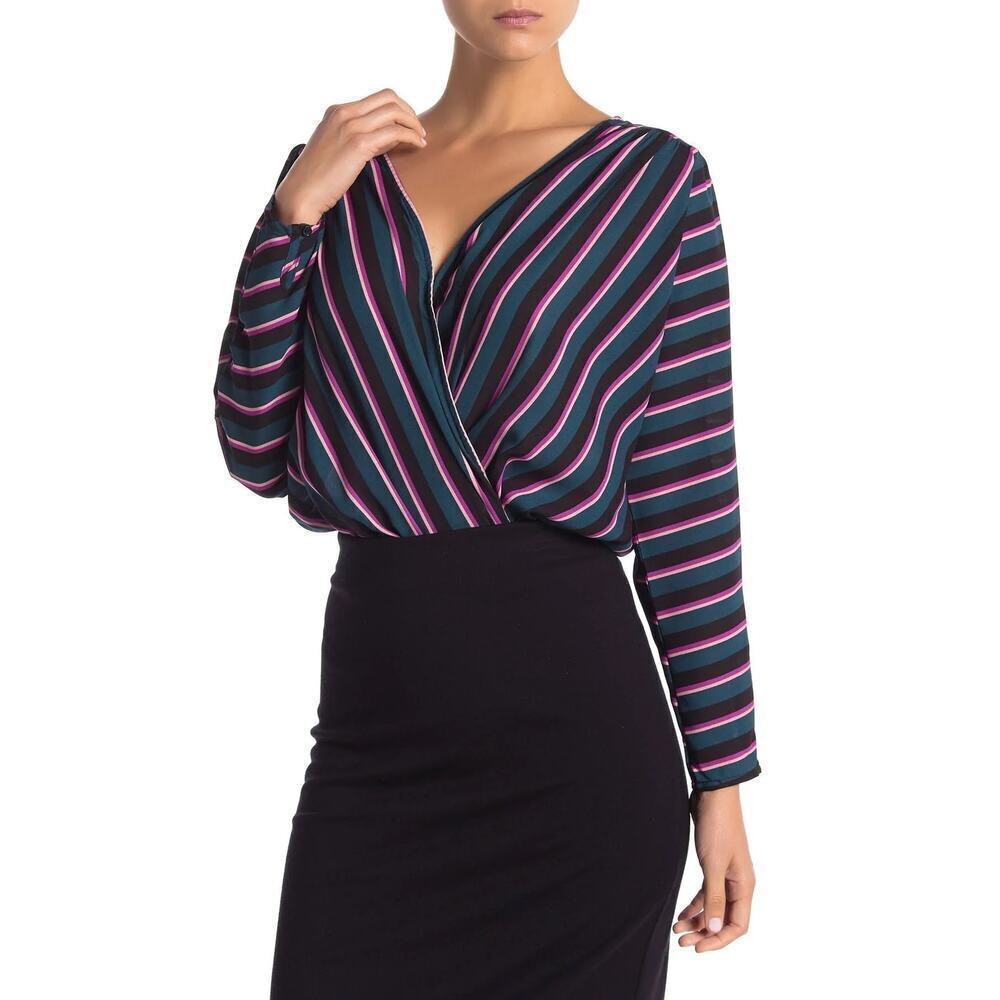 NEW- NWT ASTR The Label Stripe Surplice Bodysuit Medium Teal Black Pink